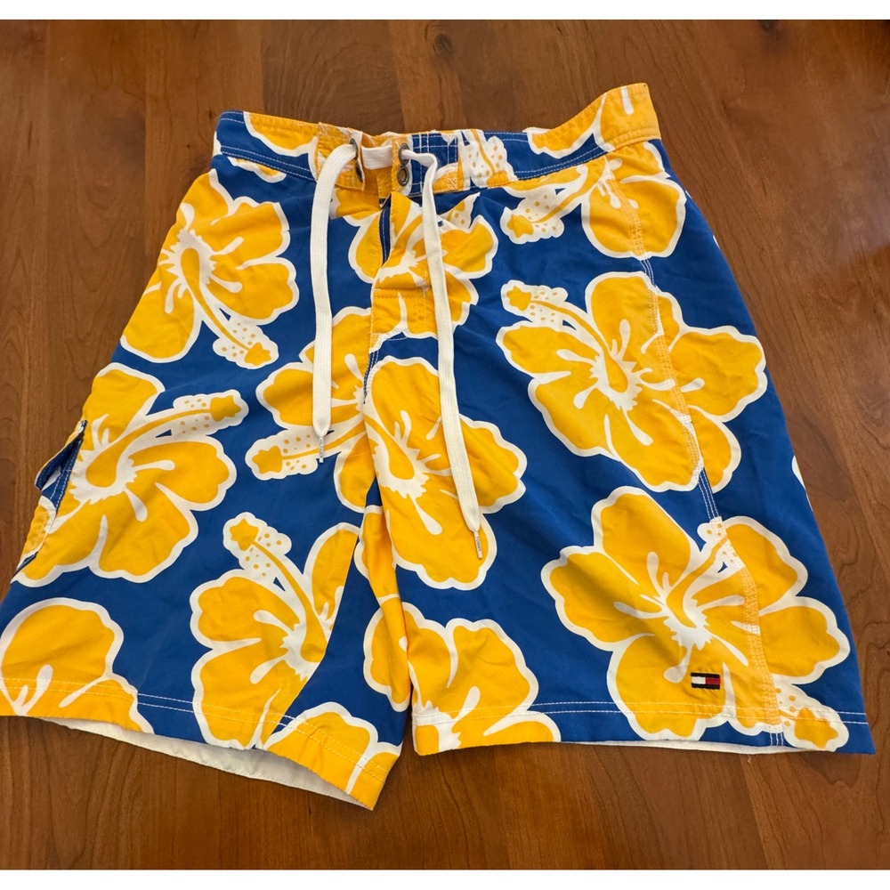 Tommy Hilfiger Mens Hibiscus Floral Board Shorts Blue Yellow Swim Trunks Size M